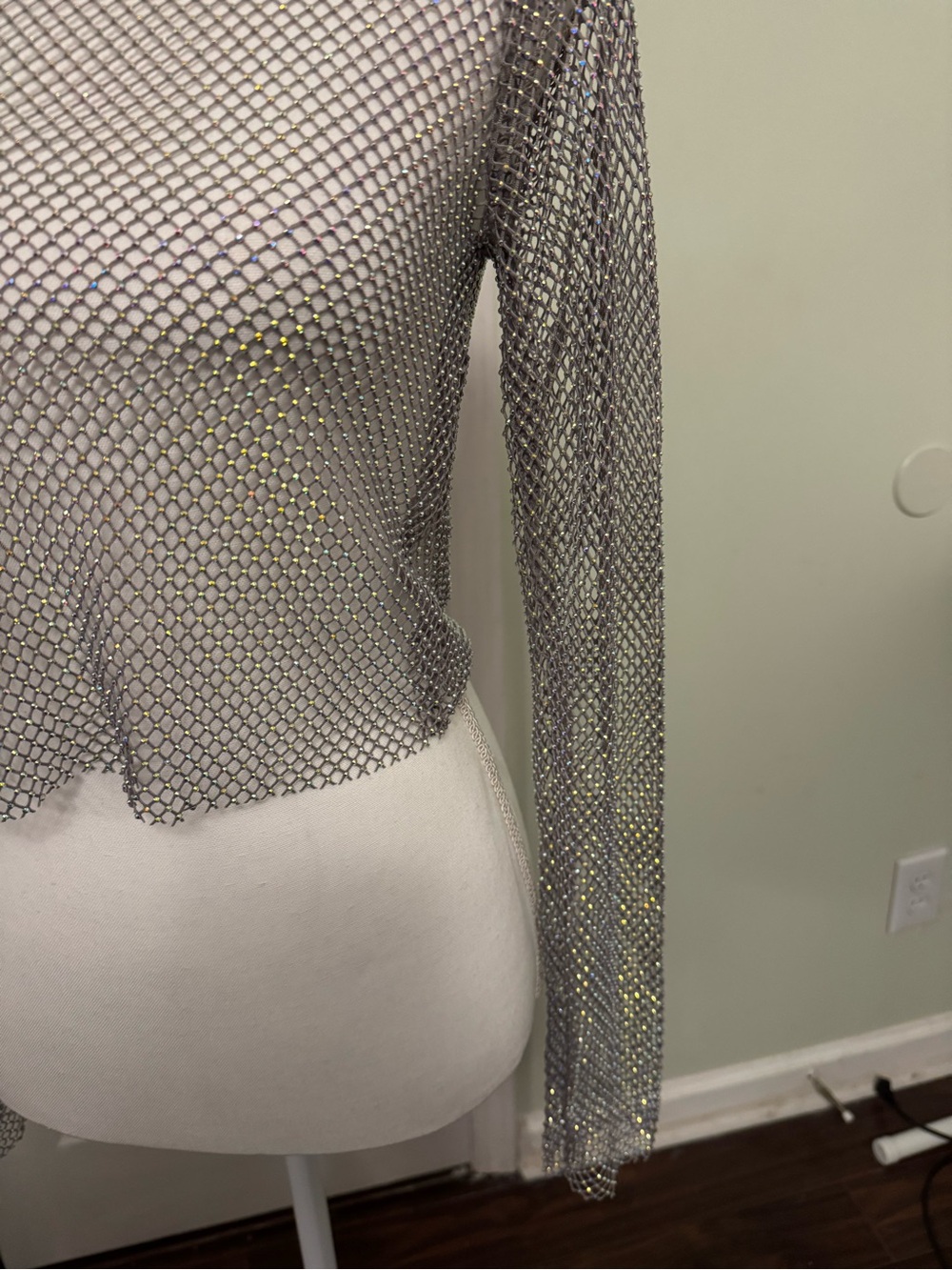 Silver metallic Mesh Long-Sleeve Crop Top